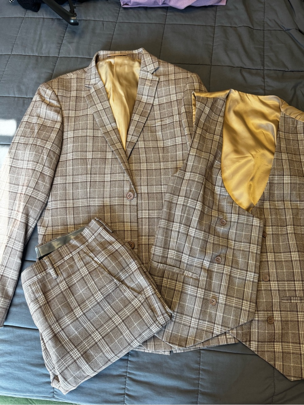 Men's Three-Piece Plaid Suit in Taupe Check